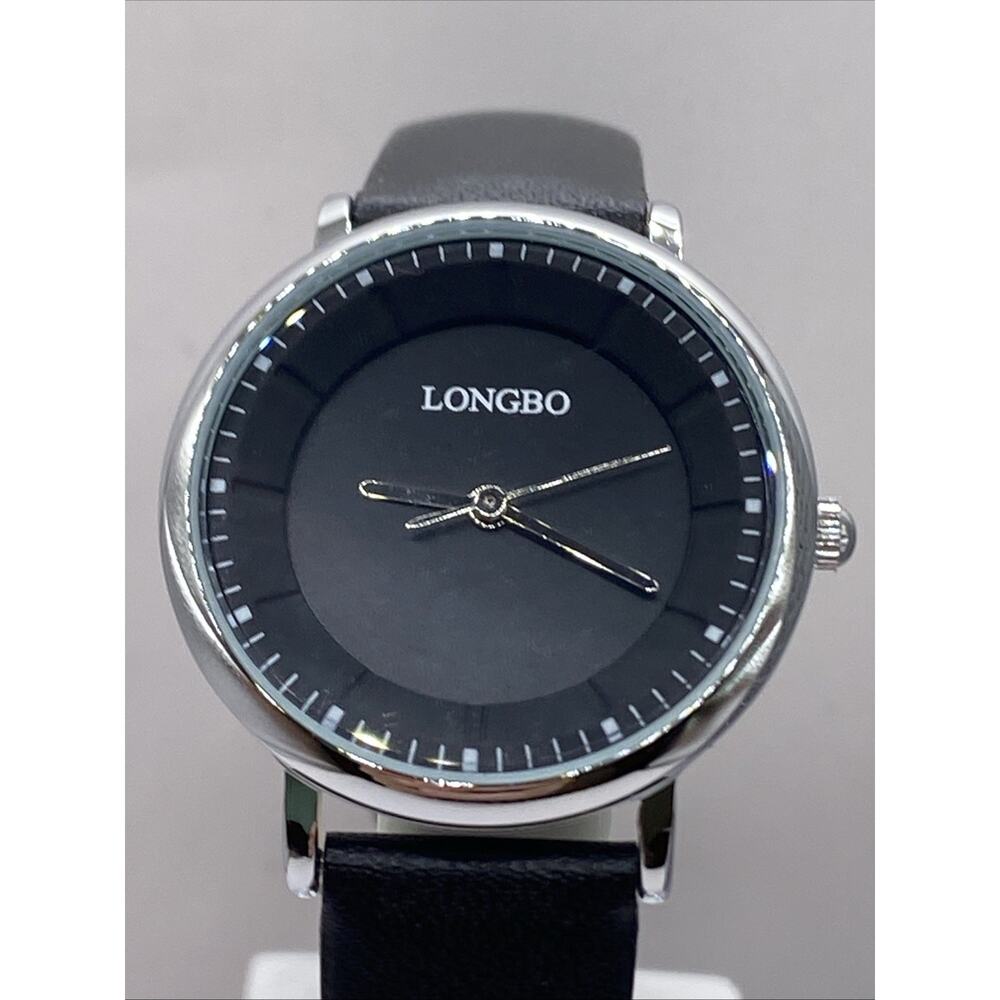 Longbo Womens Silver Tone Black Leather Watch New Battery